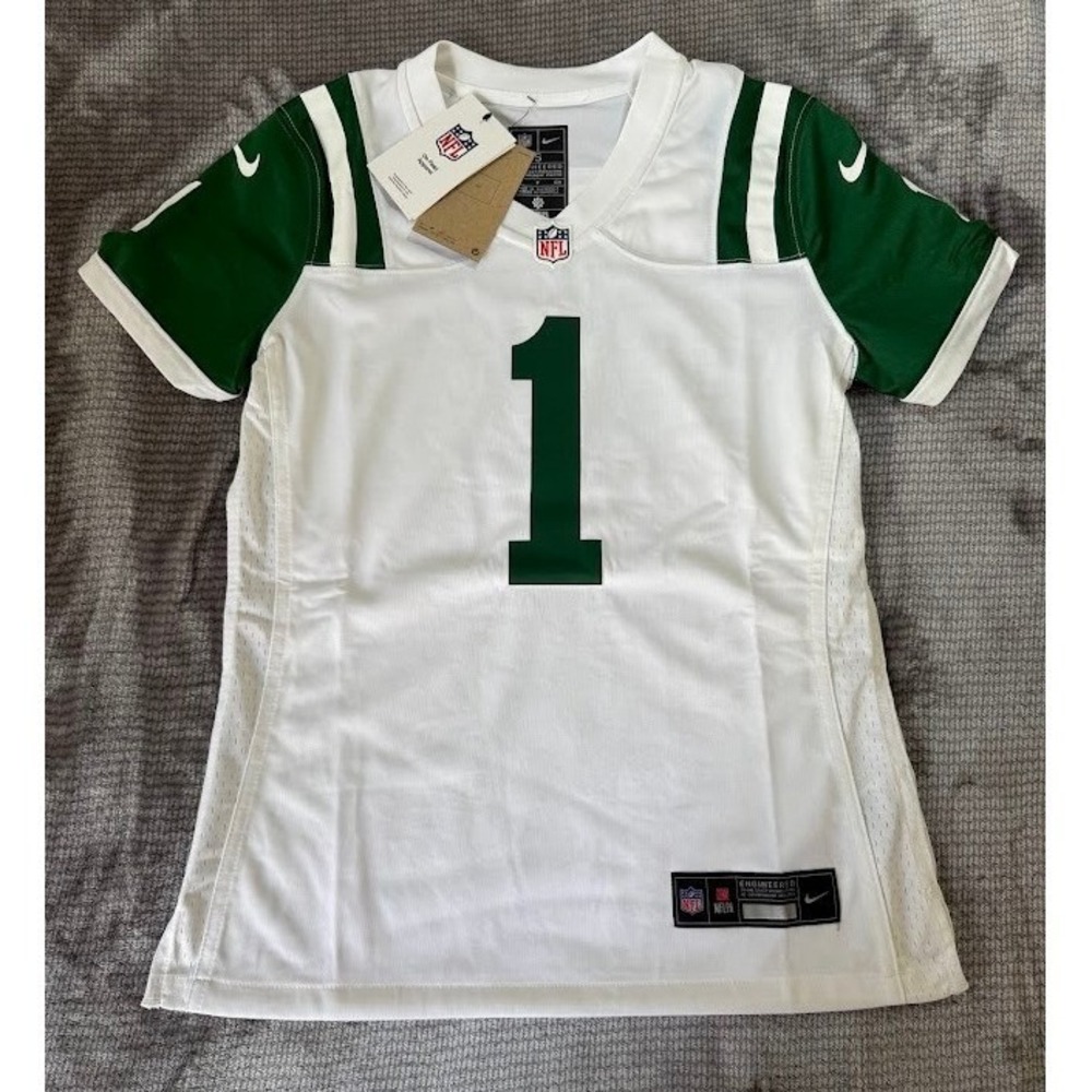 Nike New York Jets NFL Jersey Womens Small White Green Number 1 Sauce NEW